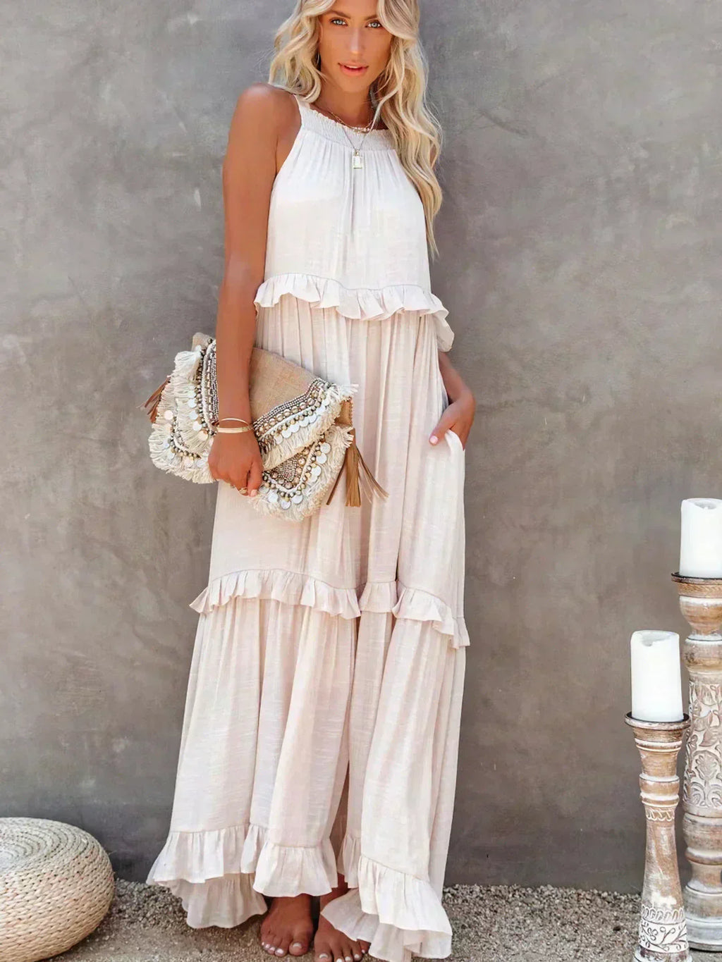 Quetzel | Graceful Halter Neck Ruffle Trim Dress