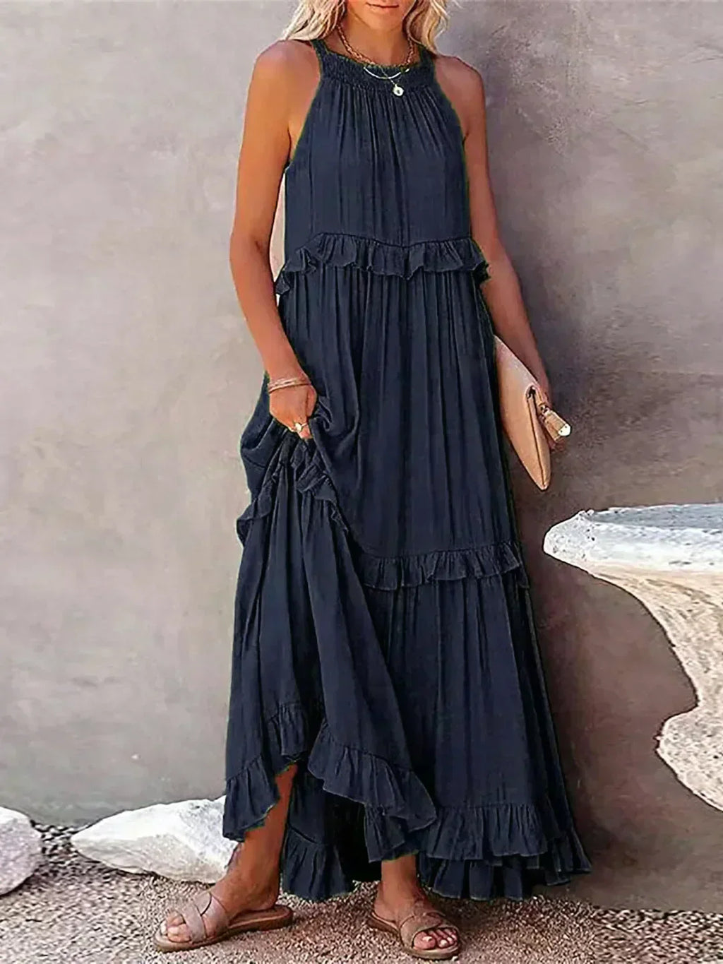 Quetzel | Graceful Halter Neck Ruffle Trim Dress