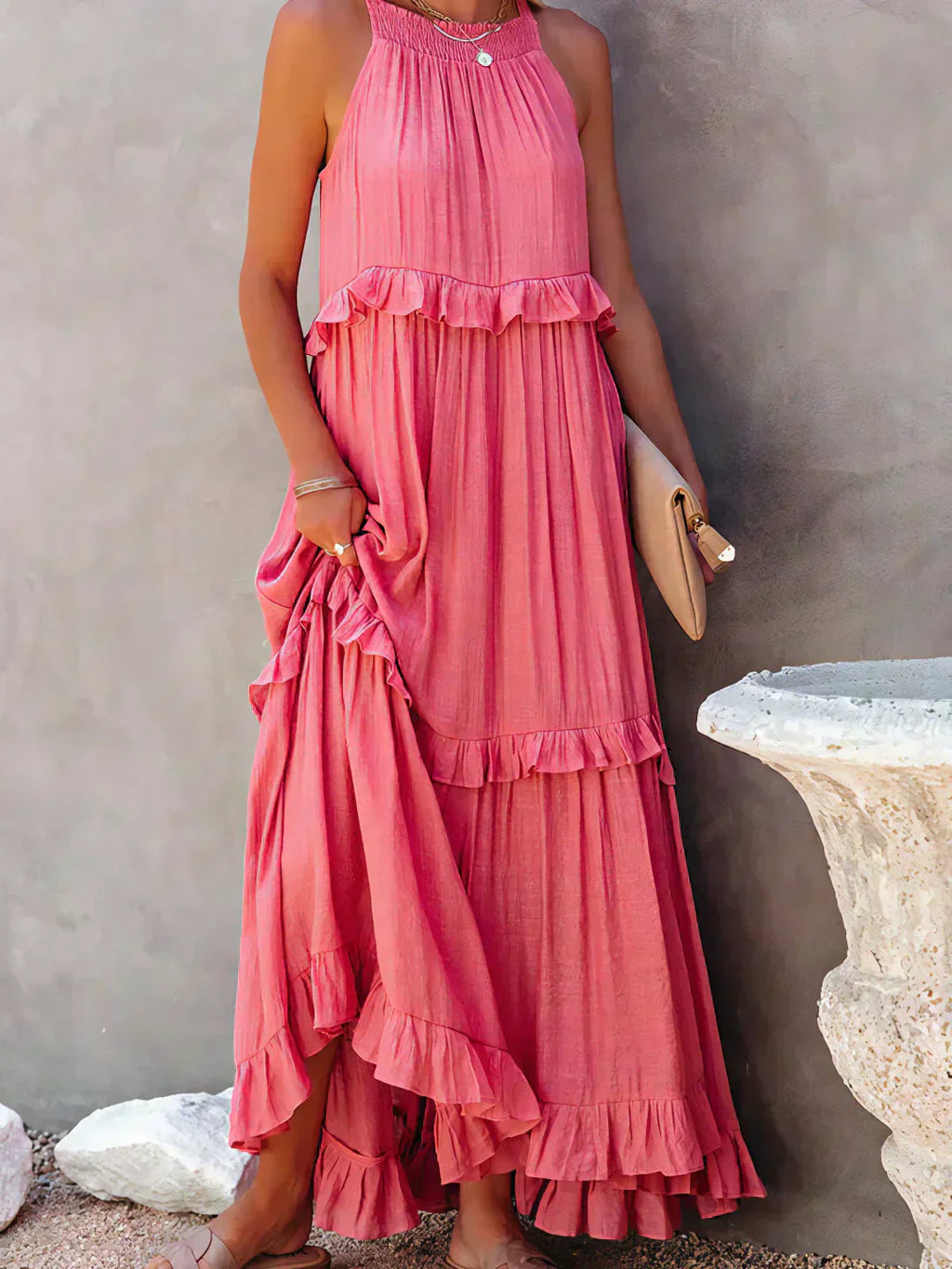 Quetzel | Graceful Halter Neck Ruffle Trim Dress