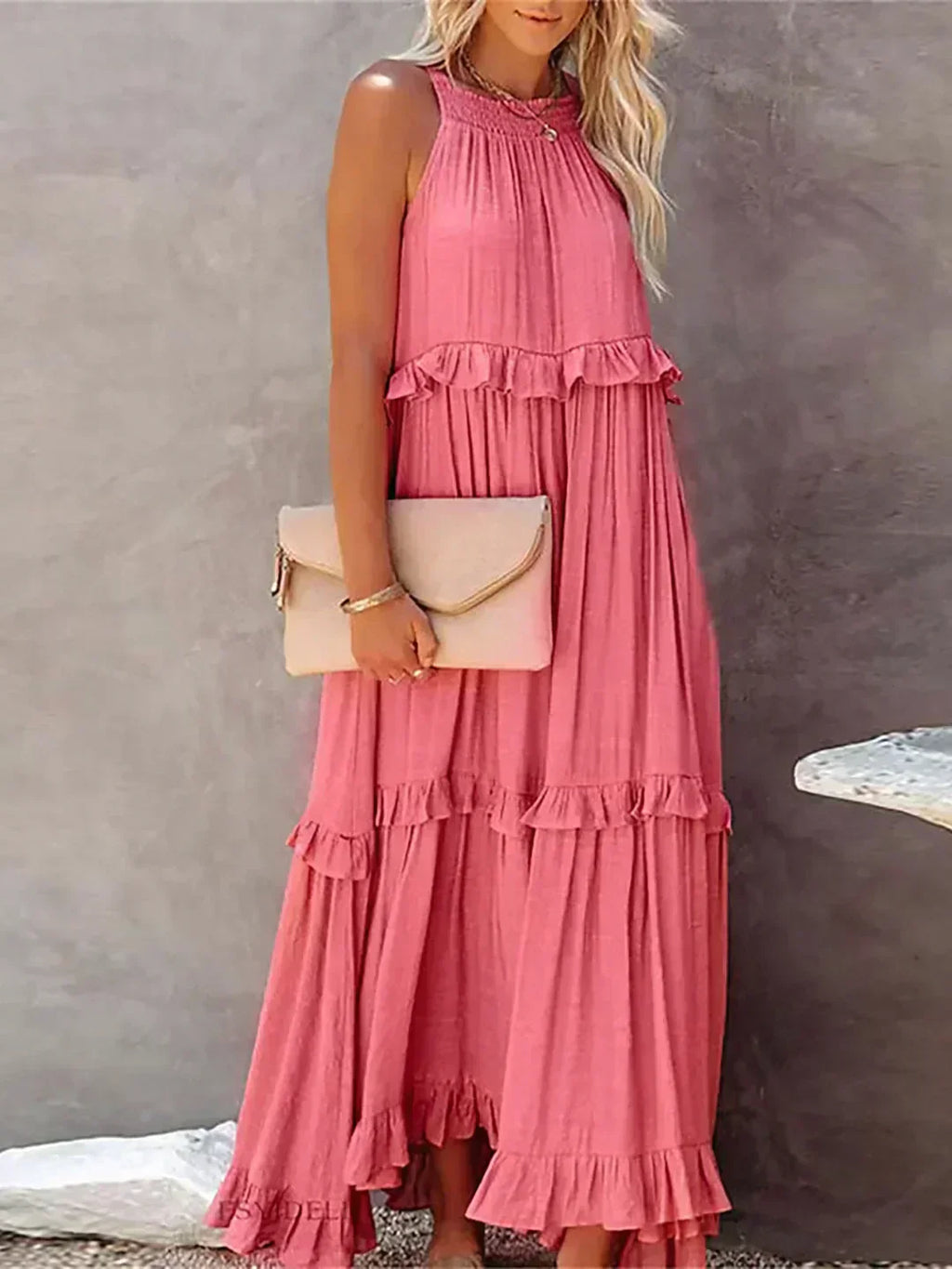 Quetzel | Graceful Halter Neck Ruffle Trim Dress