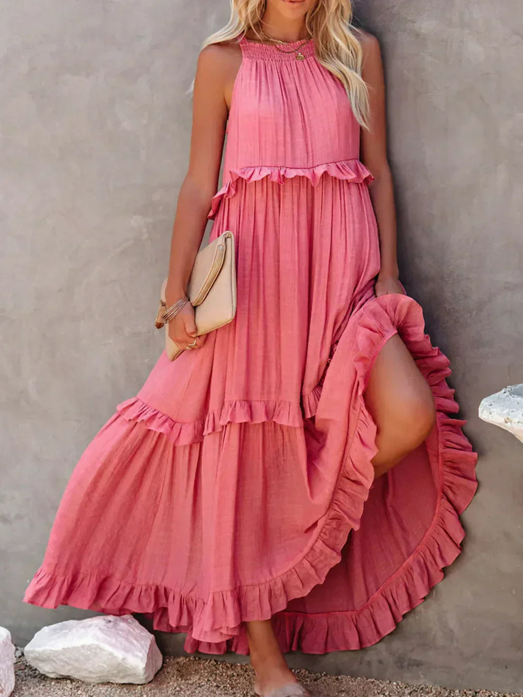Quetzel | Graceful Halter Neck Ruffle Trim Dress
