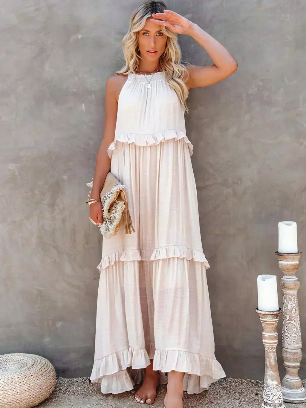 Quetzel | Graceful Halter Neck Ruffle Trim Dress