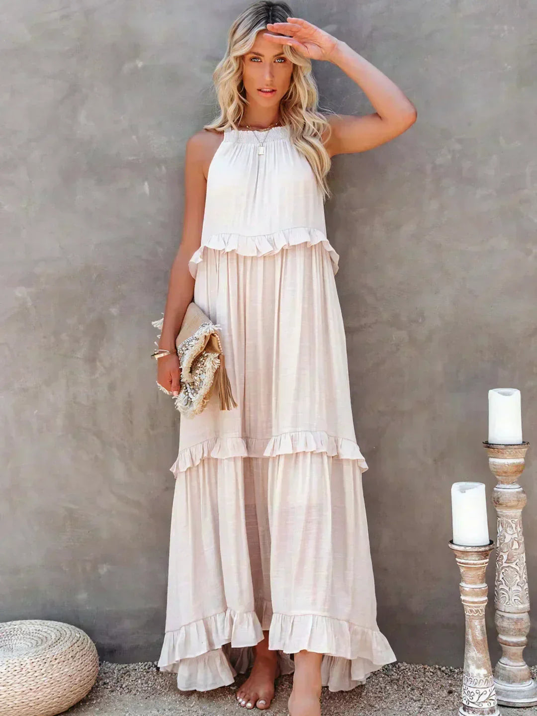 Quetzel | Graceful Halter Neck Ruffle Trim Dress