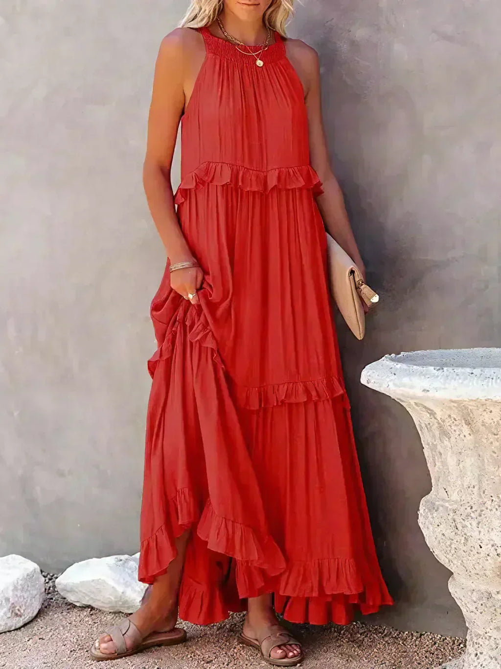 Quetzel | Graceful Halter Neck Ruffle Trim Dress